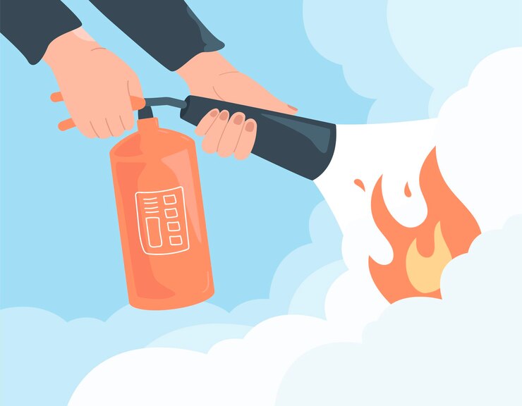 Vector fireman holding  fire extinguisher in hands flat vector illustration. firefighter helping extinguish flame. fire safety and prevention concept