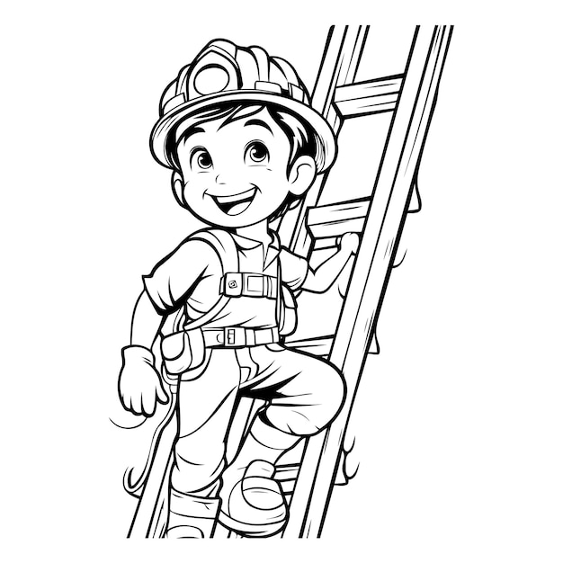 Fireman on ladder Cartoon vector illustration for children coloring book