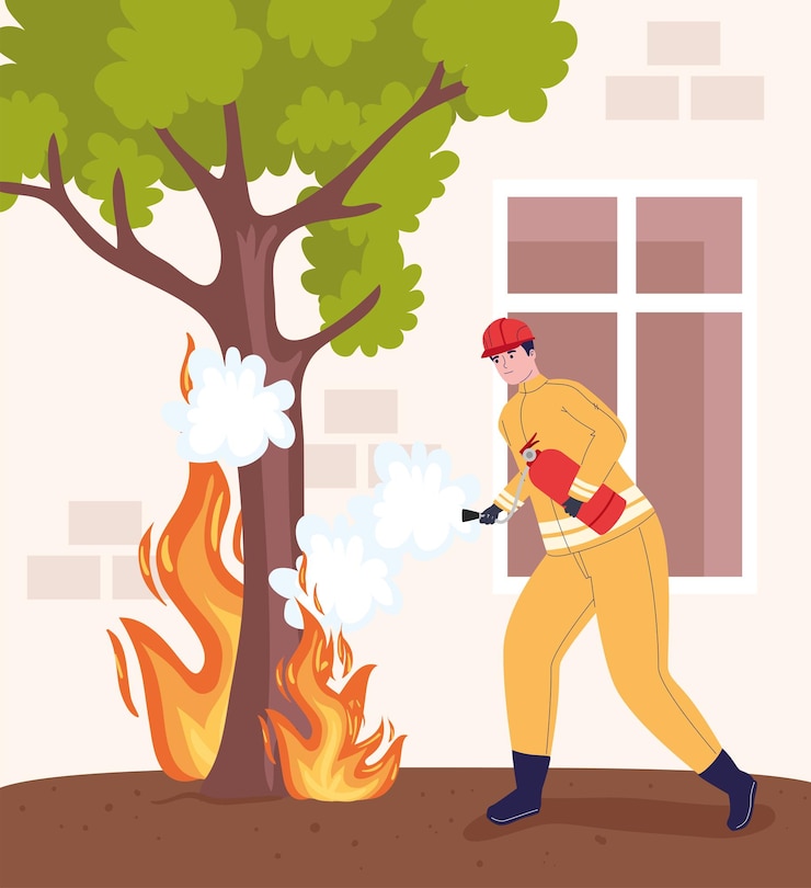 Vector fireman putting out burning tree