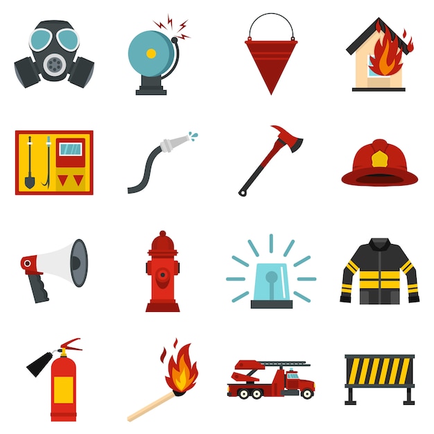 Vector fireman tools set flat icons