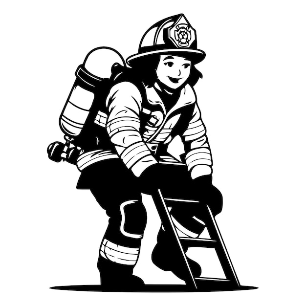 Vector fireman in uniform and helmet standing on ladder vector illustration