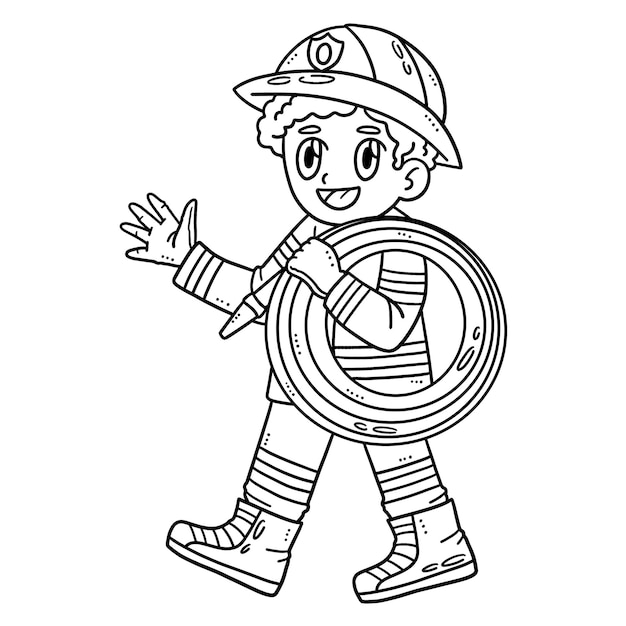 Fireman with Hose Isolated Coloring Page for Kids