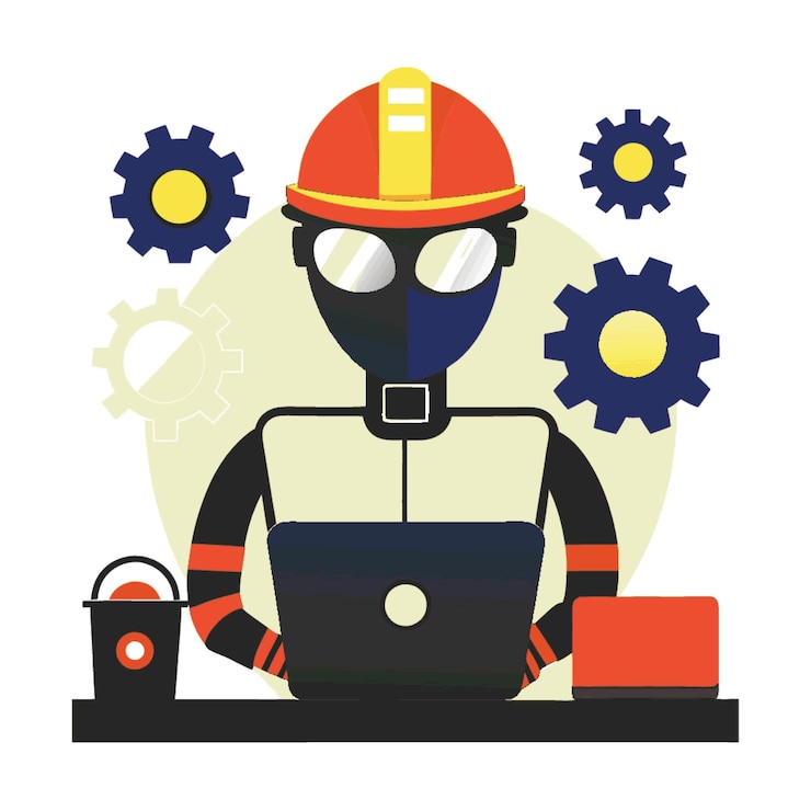 Vector a fireman working on a laptop with gears and gears