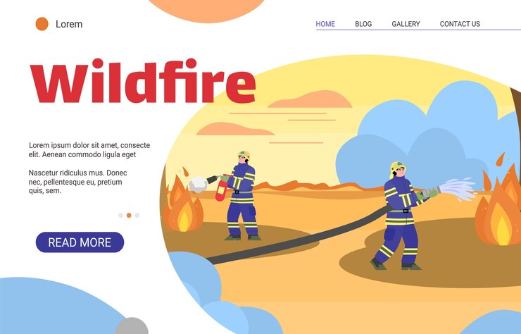 Vector firemen extinguishing wild fire with water and extinguisher
