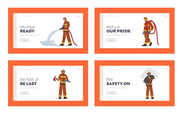 Команда пожарных сражается с шаблоном целевой страницы blaze набор пожарных мужских персонажей в униформе, держащих ведра