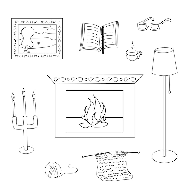 Fireplace book picture floor lamp candelabrum candles glasses knitting cup home set vector icons Hand drawn illustration for printing greeting cards posters stickers and textile