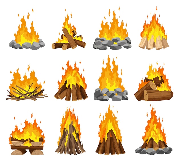ベクトル 暖炉, たき火, 別, タイプ, 燃えている, 木, コレクション, 旅行, そして, 冒険, シンボル, ベクトル, たき火, ∥あるいは∥, たき火, 中に, 漫画, 平ら, スタイル, セット