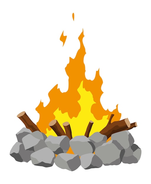 Fireplace campfire type Burning wood travel and adventure symbol Vector bonfire or woodfire in cartoon flat style Tourist bonfires in stack