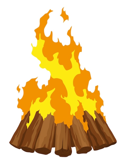 벡터 벽난로 유형 캠프 불 불타는 나무 여행 및 모험 상징 터 불타기 또는 만화 평면 스타일의 나무 불타기 관광 불타기
