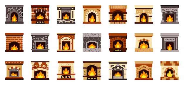 Fireplace christmas fire flat icon set, cozy home sign, xmas gift sock place .