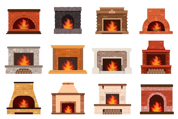 Fireplace color flat icons set fireplaces and hearths design elements set collection of various fire