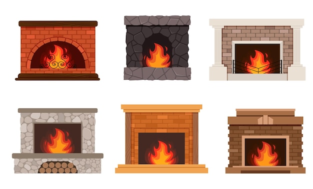 Vector fireplace color flat icons set fireplaces and hearths design elements set collection of various fire