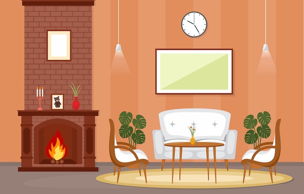Vector fireplace living room family house interior furniture vector illustration