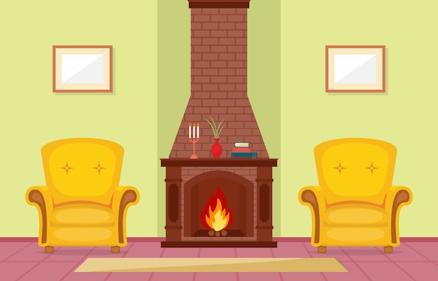 Fireplace living room family house interior furniture vector illustration