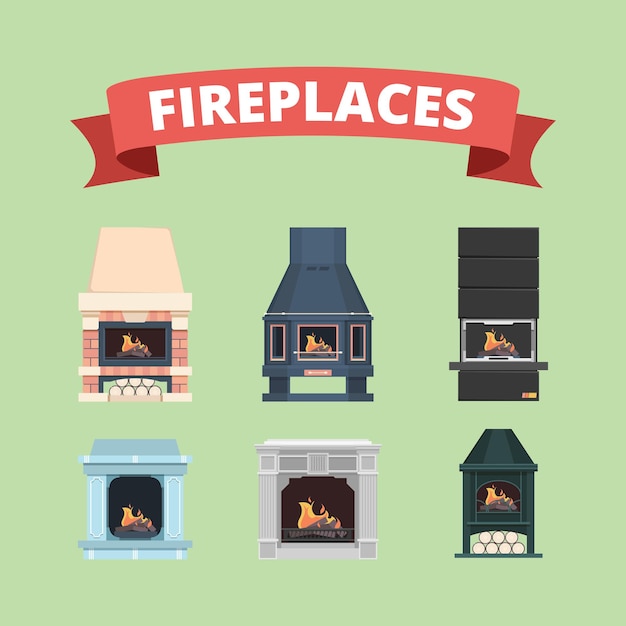 Vector fireplace. retro gas stove flame decoration in interior vector flat pictures fireplaces. stove with fire, interior classic fireplac collection illustration