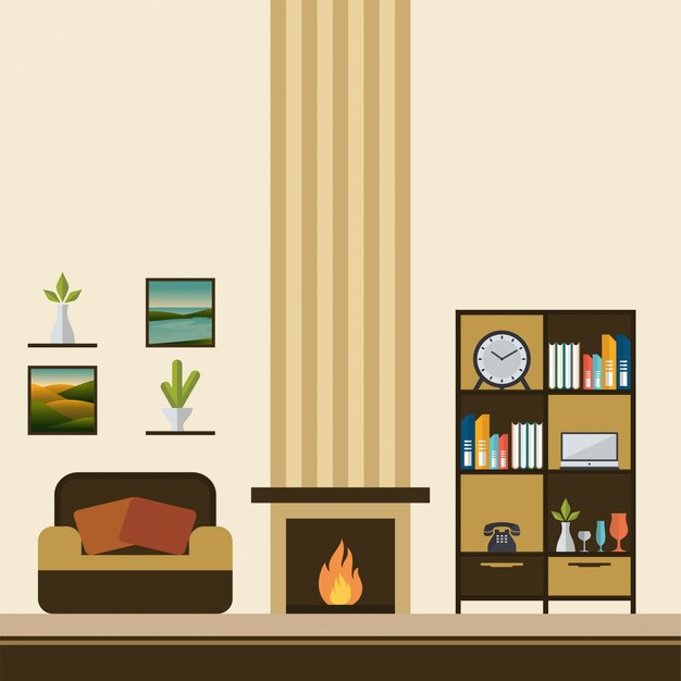 Vector fireplace room with sofa vector illustration