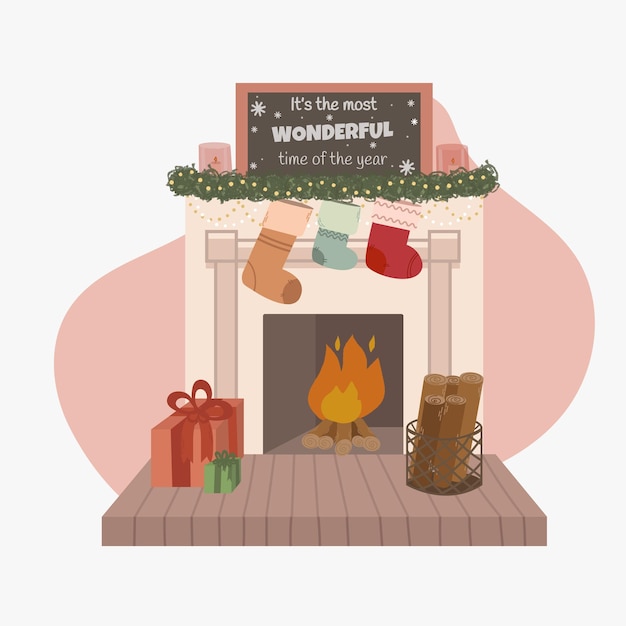 Fireplace vector warm fire place decor socks, gift and firewood at home.Winter holiday decoration