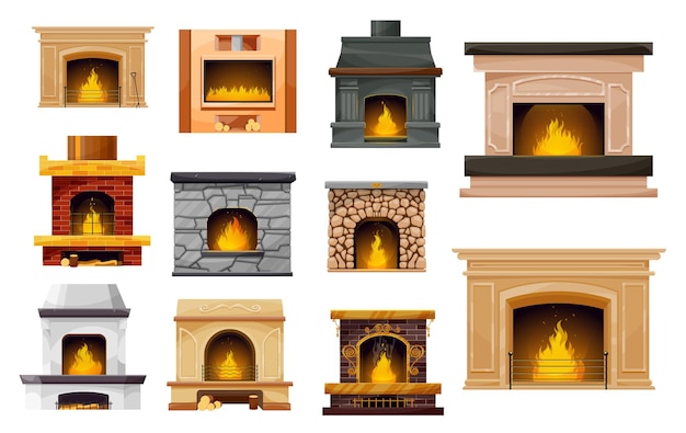 Fireplace with fire isolated icons of home and room interior design