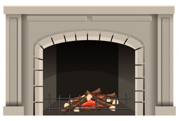 Vector fireplace with wooden fire inside