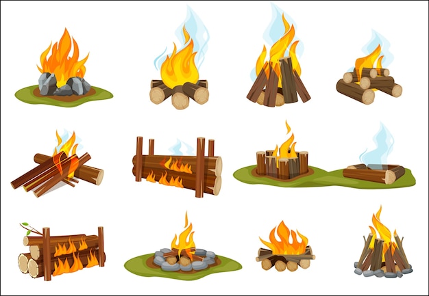 Vector fireplace wooden. light flame burned bonfire with smoke campfire collection