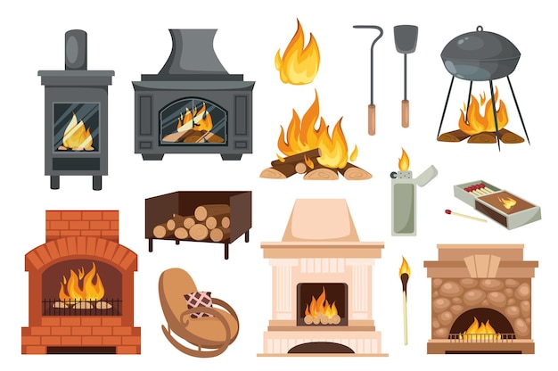 Fireplaces and hearths design elements set. Collection of various fireplaces, fire, burning wood, poker, shovel, rocking chair and more. Vector illustration isolated objects in flat cartoon style