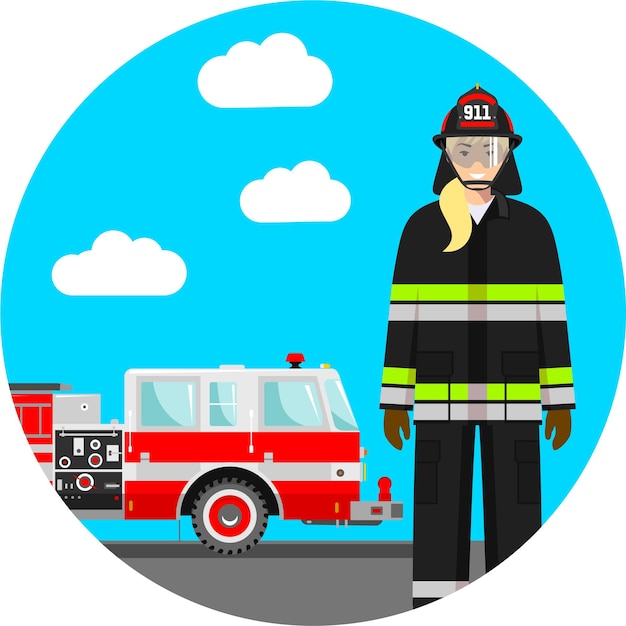 소방서 트럭과 배경에 보호 소방복과 헬멧에 Firewoman