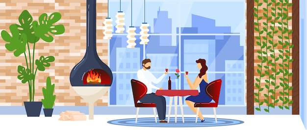 Firewood stove woman together man romance cook snack street background design in cartoon style