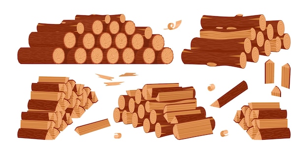 Firewood wooden logs cartoon stacked bonfire firewoods bonfire wooden logs wood industry materials flat vector symbols illustration set