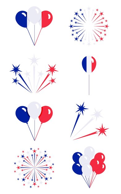 Firework and balloon icon set of france flag color