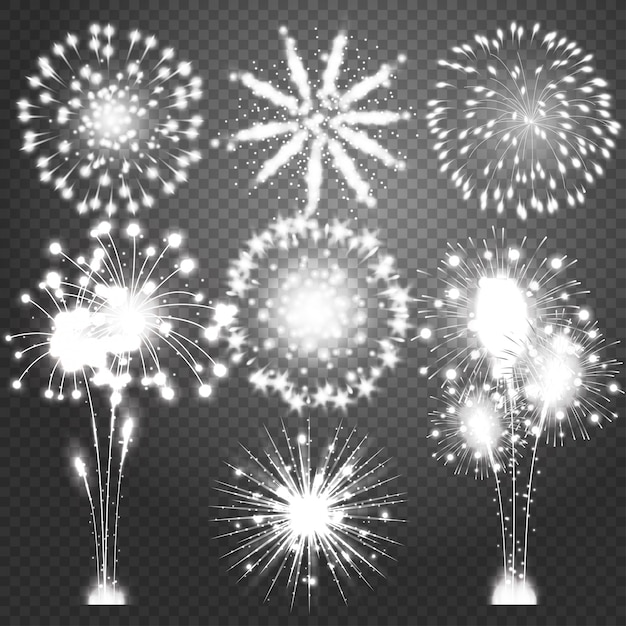 Vector firework bursting in various shapes sparkling pictograms set.