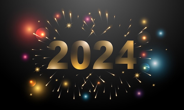 2024년 새해 축하 불꽃놀이: 새해 인사 디자인 배너 웹 카드 텍스트 로고 공간 터 일러스트레이션