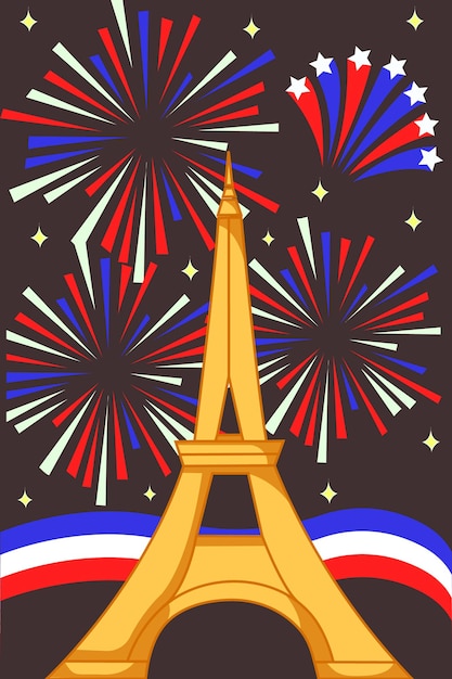 Firework party at bastille day cartoon illustration