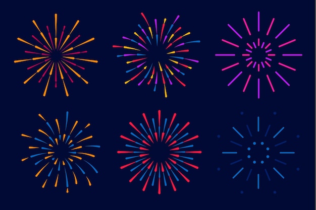 Elemento di design del set di fuochi d'artificio per l'anniversario della festa di celebrazione delle vacanze esplosione moderna colorata