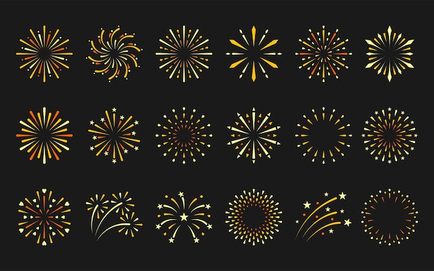 Firework sparkle holiday xmas beam gold flat set Simple explosion party spark star shining sign celebrate christmas newyear birthday round icon Greeting element design happy day postcard isolated