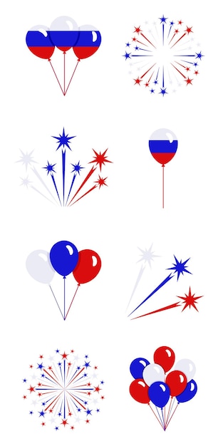 Fireworks and balloons set of russia flag color