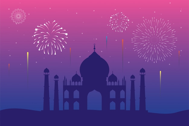 I fuochi d'artificio hanno fatto esplodere esplosioni nello skyline di taj mahal