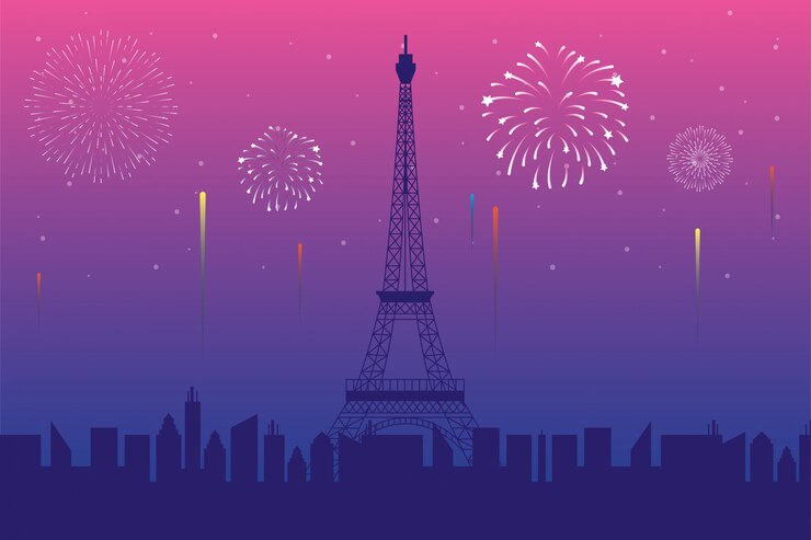 Vector fireworks burst explosions with paris city scene in pink background