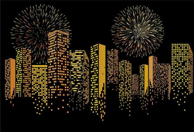 Vector fireworks on city illustration