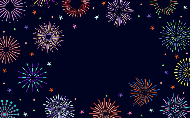 Vector fireworks colorful bright banner celebration fire firework frame christmas new year pyrotechnics firecracker card night party festival birthday anniversary flyer radial light beams salute poster