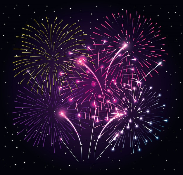 Vector fireworks explosion on night dark sky, new year celebration vector illustration design