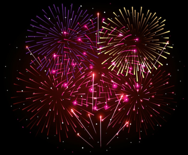 Esplosione di fuochi d'artificio sul cielo scuro di notte, celebrazione di nuovo anno