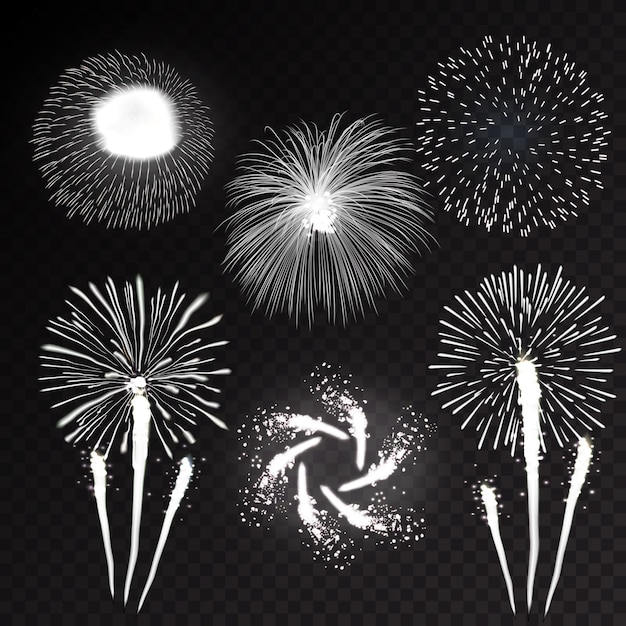 Vettore fuochi d'artificio di festa che scoppiano con pattern in varie forme scintillanti icone impostare sfondo nero illustrazione astratta