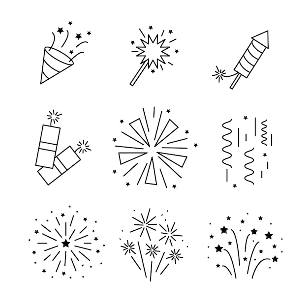 Fireworks firecrackers thin line icons set