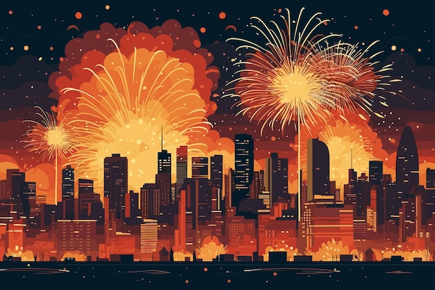 Fireworks flat vector art illustration retro vintage poster