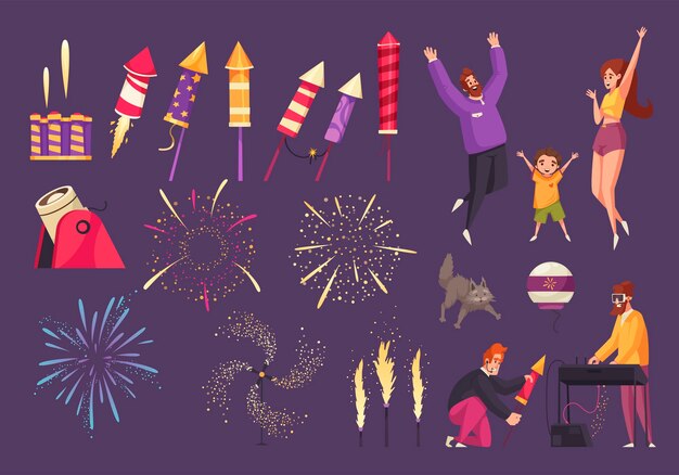 Vector fireworks icons set with festival symbols flat isolated vector illustration