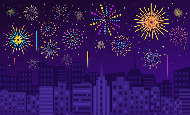 Фейерверк над городом, ночное небо с фейерверком. карнавал, вечеринка, праздничные петарды, вечерний городской пейзаж, векторная иллюстрация