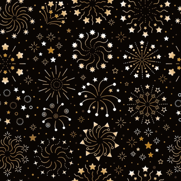 Fireworks pattern. Festival sparks celebration textile design template with entertainment stars recent vector seamless background. Illustration xmas salute, congratulation pattern repetition