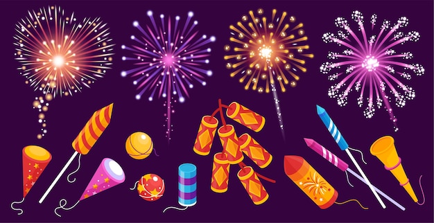 Vector fireworks rockets firecrackers bengal lights smoke balls sparkles colorful festive set