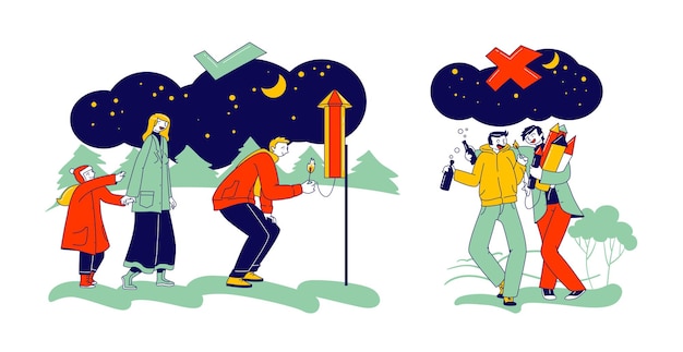 Fireworks Safety Concept. Wrong and Correct Way for Burning Petards. Happy Family Characters Enjoying Xmas Celebration. Drunk Men Burning Pile of Petards in Hands. Linear People Vector Illustration