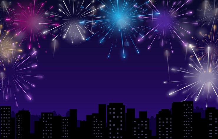 Vector fireworks in the sky above a city with a silhouette of a city